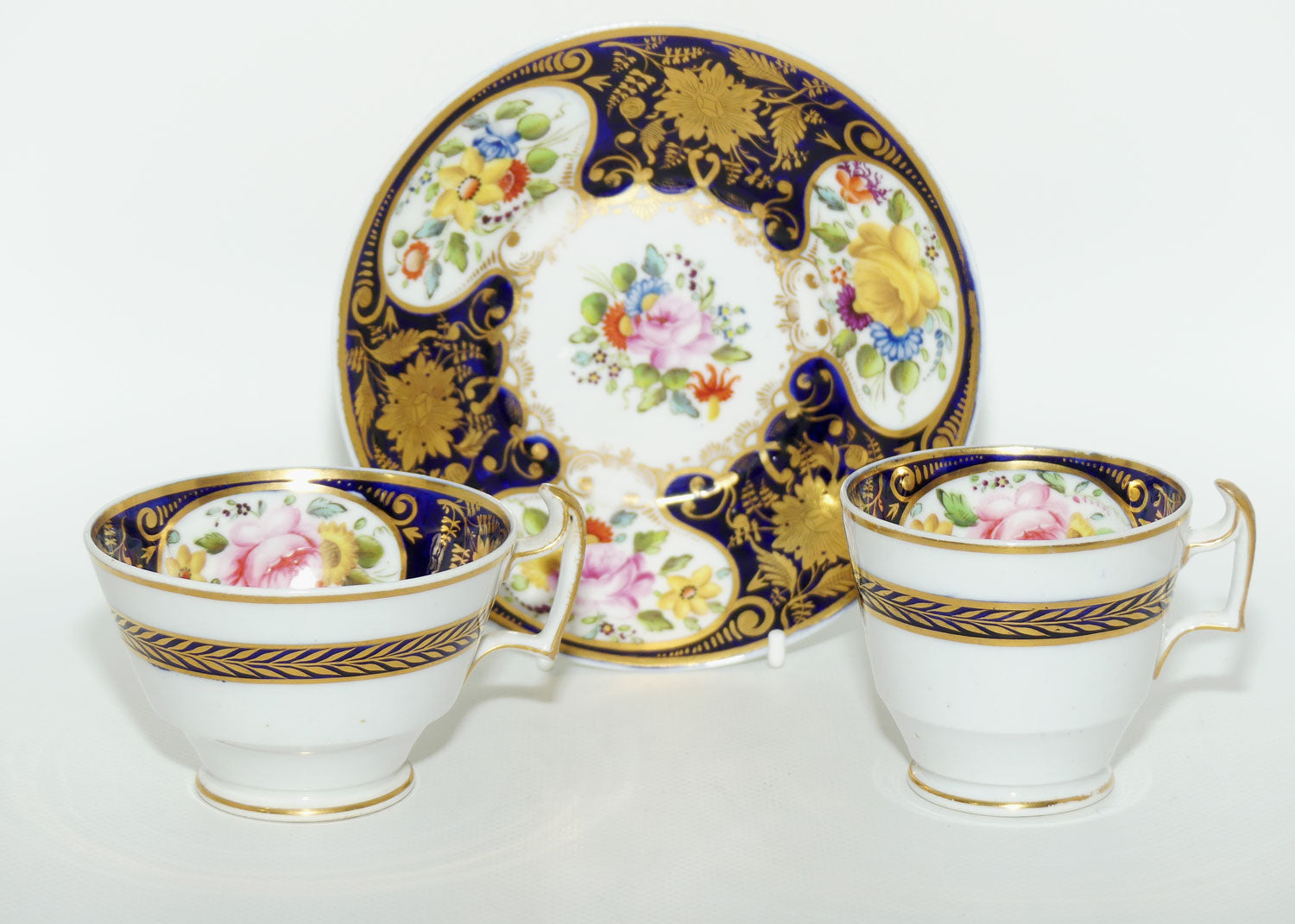 George III c.1825 London shape trio comprising Tea Cup, Coffee Cup and saucer bowl