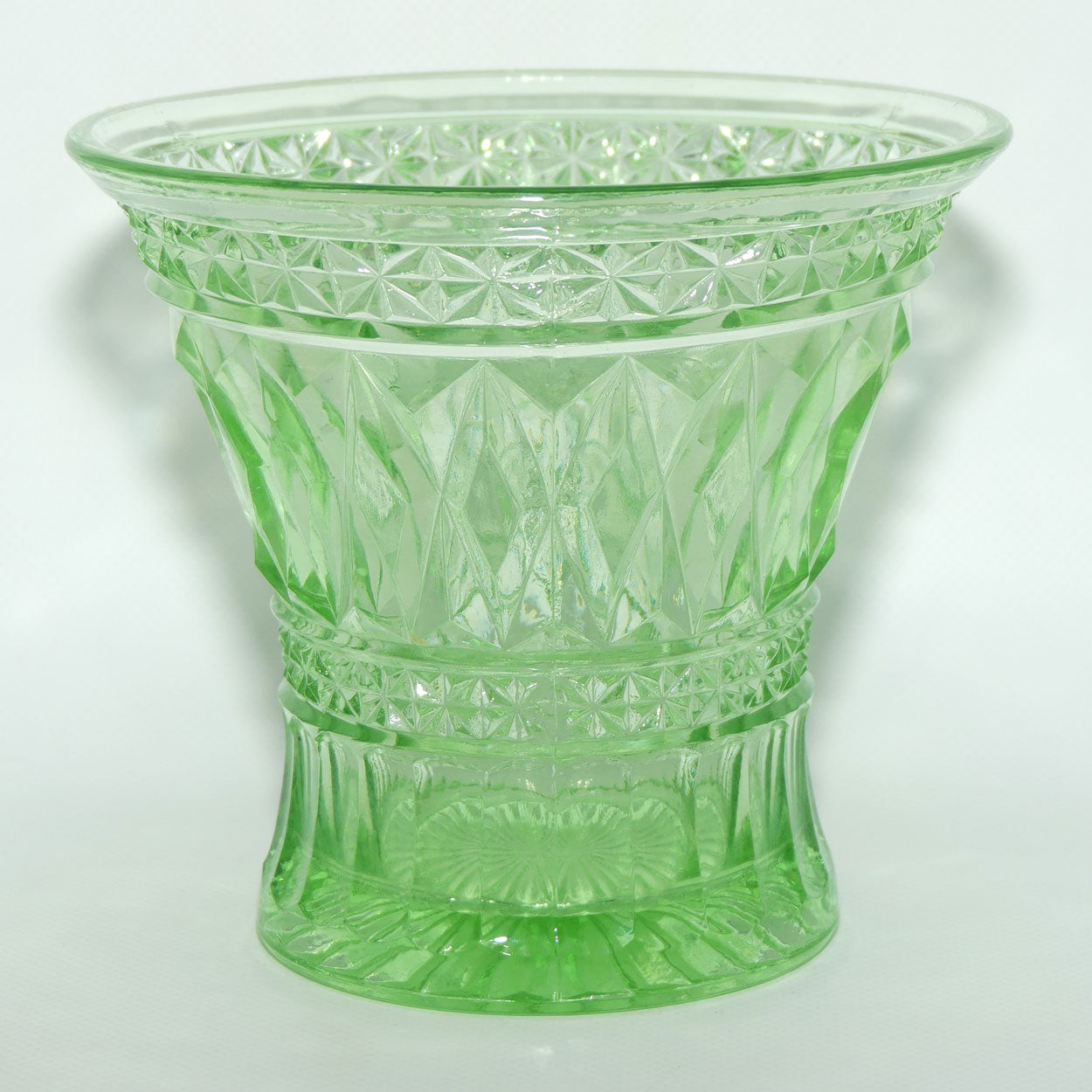 Green Depression Glass Long Diamond pattern vase | 14cm tall