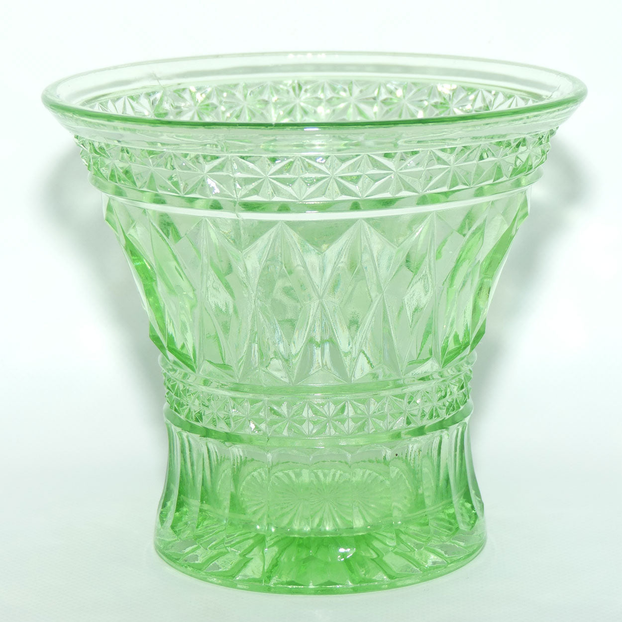 Green Depression Glass Long Diamond pattern vase | 14cm tall