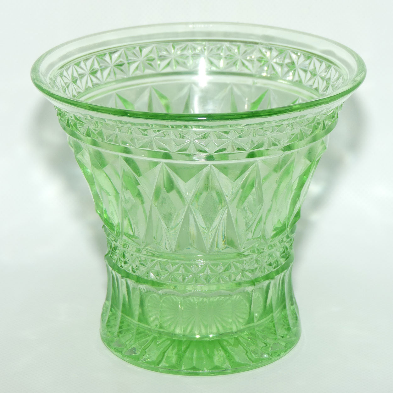Green Depression Glass Long Diamond pattern vase | 14cm tall
