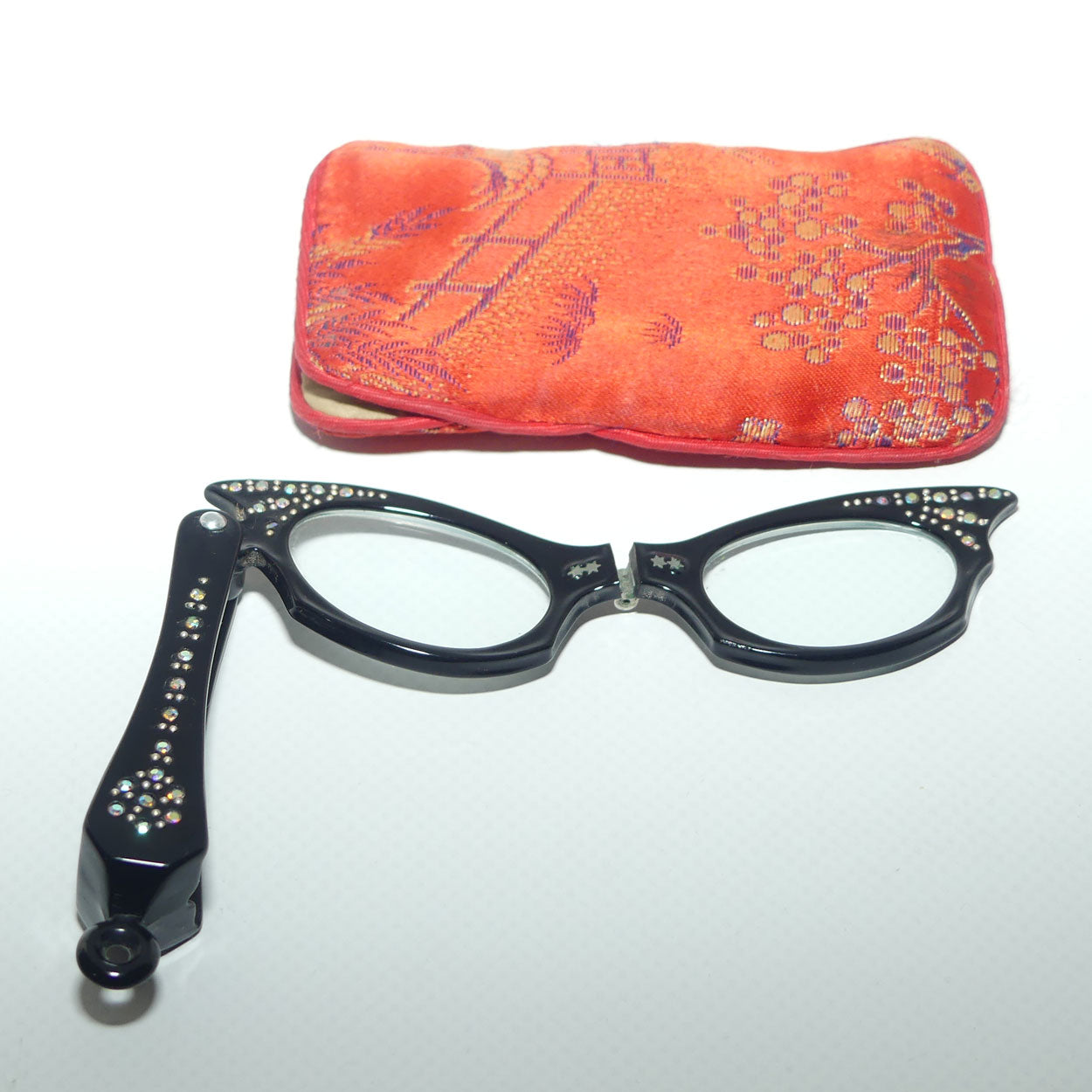 Vintage Mid Century Folding Diamonte set folding Lorgnette in case | Cat Eye style