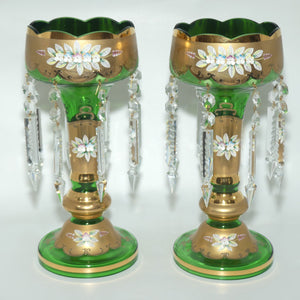 Pair of Bohemian Hand Painted and Heavily Gilt Green Glass Lustres c.1970