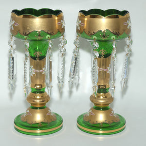 Pair of Bohemian Hand Painted and Heavily Gilt Green Glass Lustres c.1970