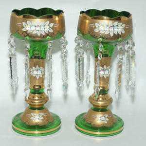 Pair of Bohemian Hand Painted and Heavily Gilt Green Glass Lustres c.1970