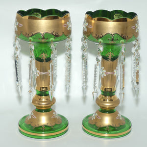 Pair of Bohemian Hand Painted and Heavily Gilt Green Glass Lustres c.1970