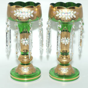 Pair of Bohemian Hand Painted and Heavily Gilt Green Glass Lustres c.1970