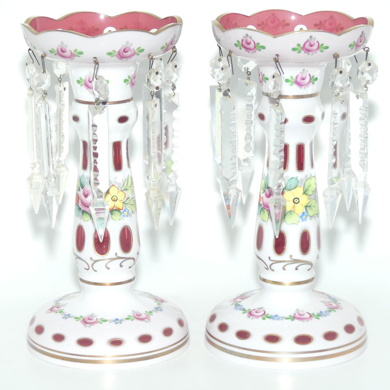 Pair of Bohemian Hand Painted and Gilt Cased Glass Lustres c.1950