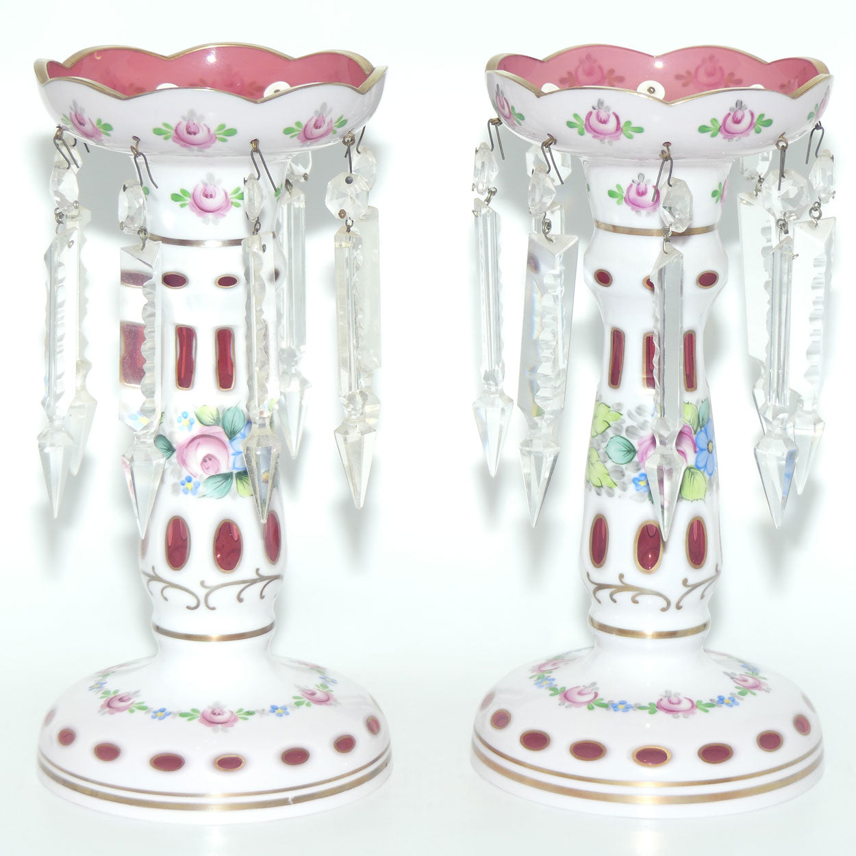 Pair of Bohemian Hand Painted and Gilt Cased Glass Lustres c.1950