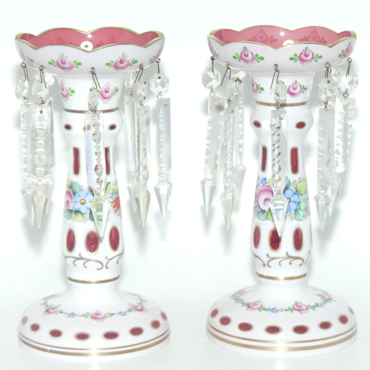 Pair of Bohemian Hand Painted and Gilt Cased Glass Lustres c.1950
