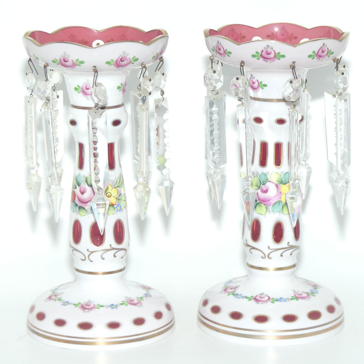 Pair of Bohemian Hand Painted and Gilt Cased Glass Lustres c.1950