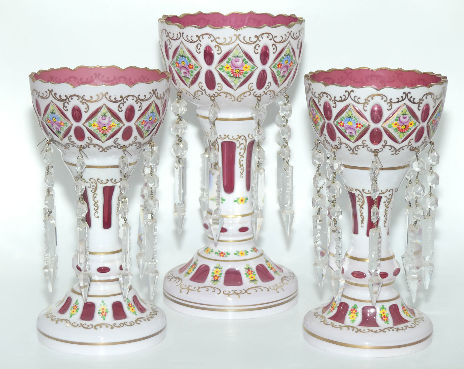 Garniture set of 3 Bohemian Hand Painted and Gilt Cased Glass Lustres c.1950