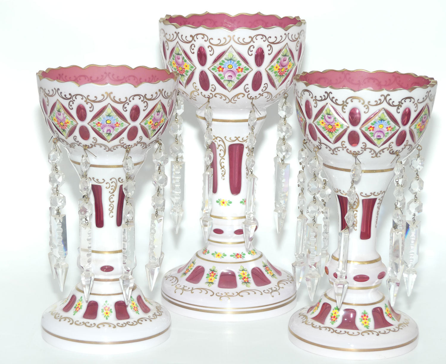 Garniture set of 3 Bohemian Hand Painted and Gilt Cased Glass Lustres c.1950