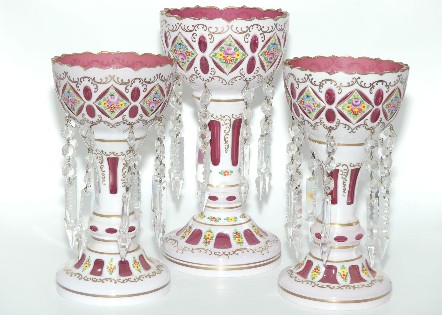 Garniture set of 3 Bohemian Hand Painted and Gilt Cased Glass Lustres c.1950