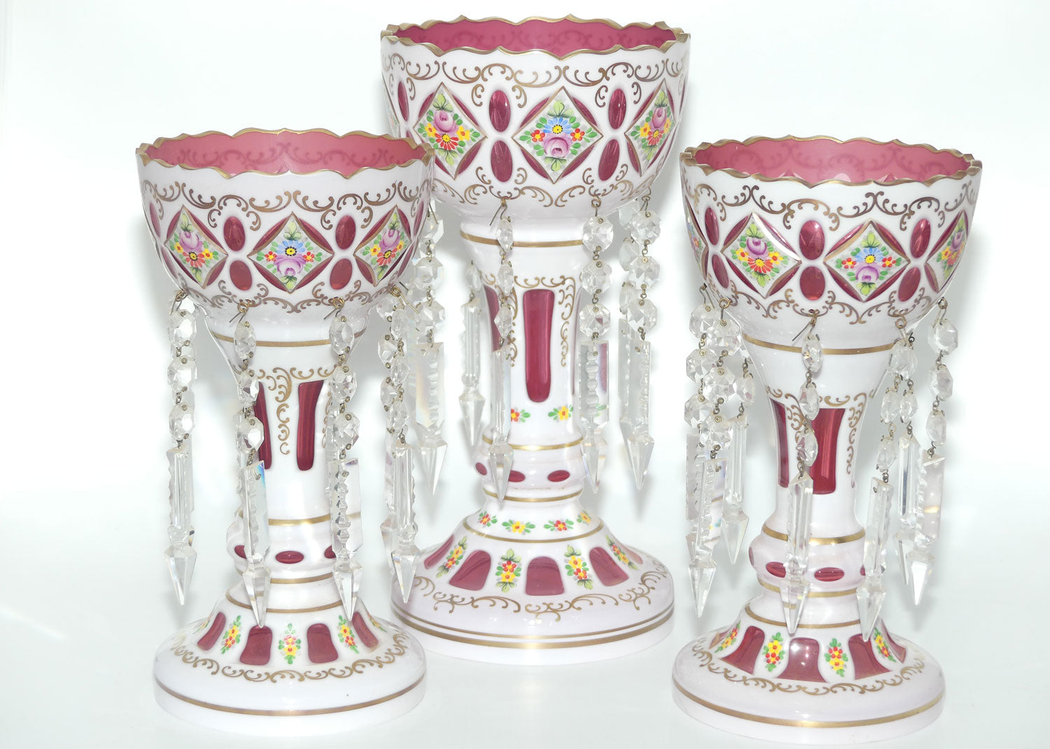 Garniture set of 3 Bohemian Hand Painted and Gilt Cased Glass Lustres c.1950