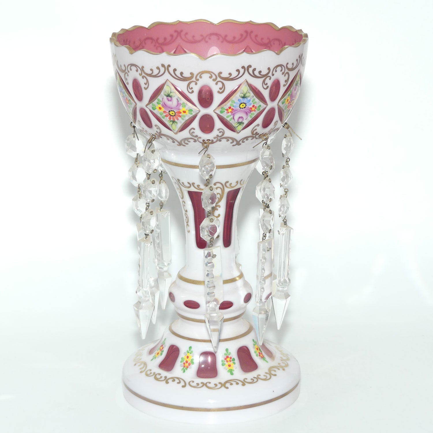Garniture set of 3 Bohemian Hand Painted and Gilt Cased Glass Lustres c.1950