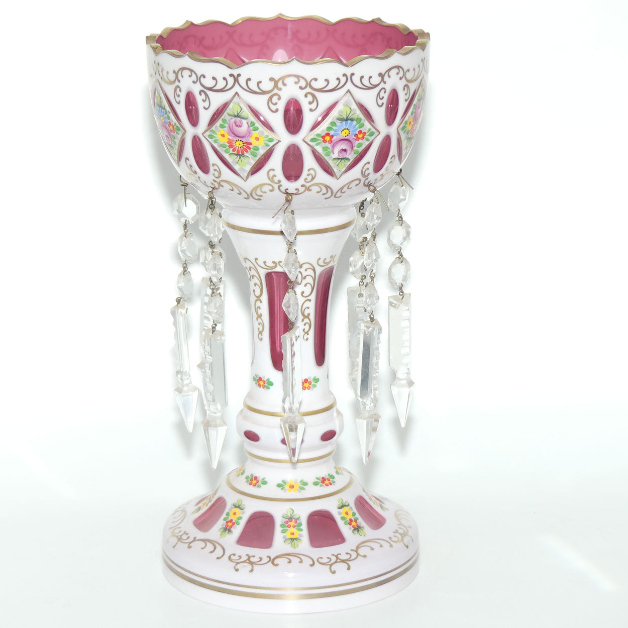 Garniture set of 3 Bohemian Hand Painted and Gilt Cased Glass Lustres c.1950