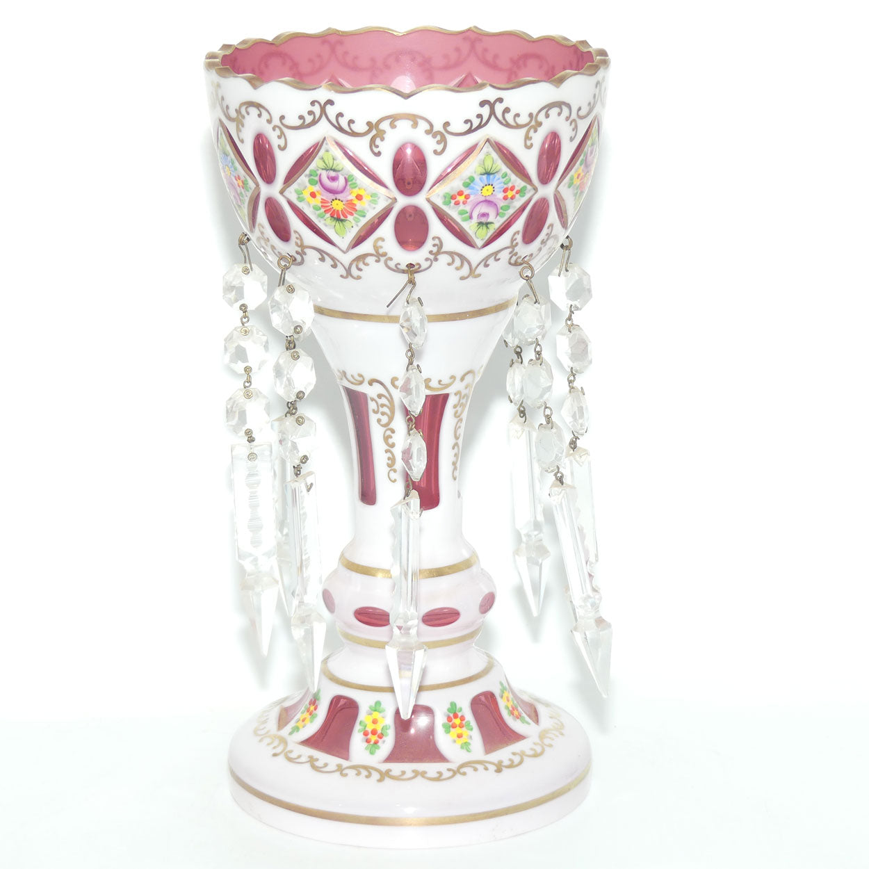 Garniture set of 3 Bohemian Hand Painted and Gilt Cased Glass Lustres c.1950