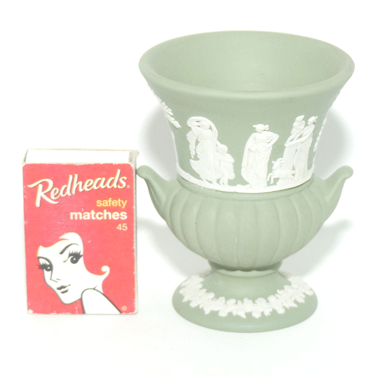 Wedgwood Jasper | White on Sage Green | Maidens mini Urn Vase