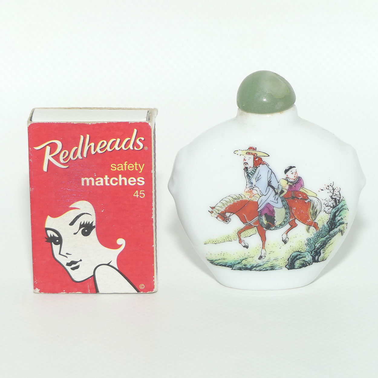 Chinese Snuff Bottle with Greenstone Top | Man on Horse with Child riding Pillion
