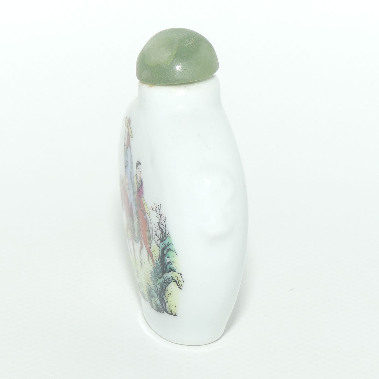 Chinese Snuff Bottle with Greenstone Top | Man on Horse with Child riding Pillion