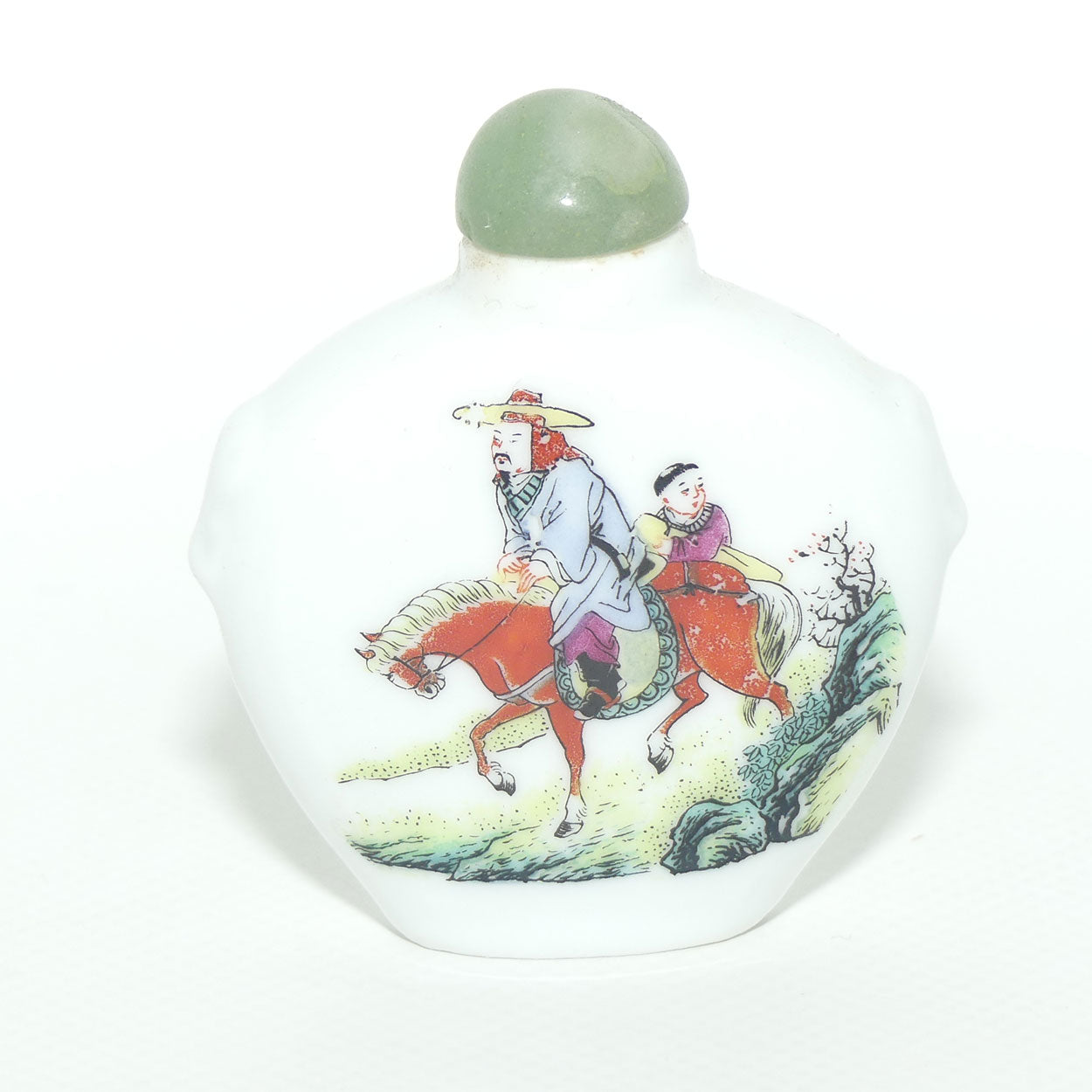 Chinese Snuff Bottle with Greenstone Top | Man on Horse with Child riding Pillion