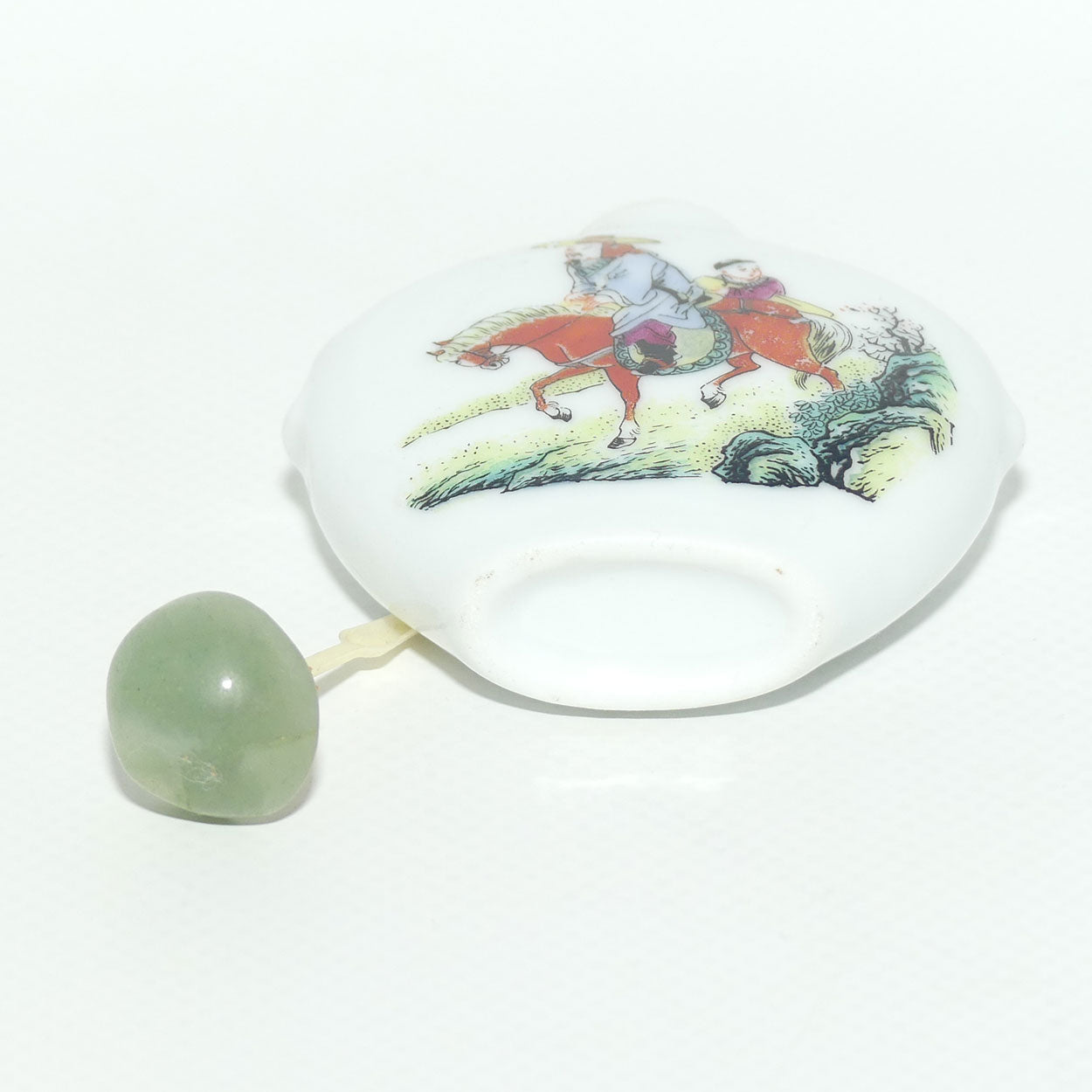 Chinese Snuff Bottle with Greenstone Top | Man on Horse with Child riding Pillion