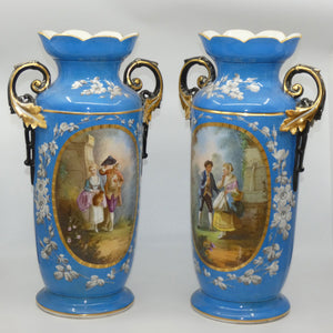 Pair of Continental European mantle vases with courting couple scenes c.1890