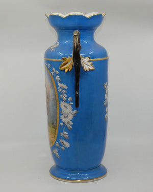 Pair of Continental European mantle vases with courting couple scenes c.1890