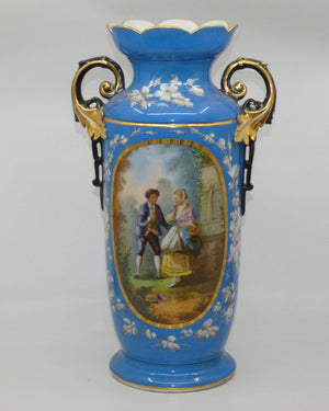 Pair of Continental European mantle vases with courting couple scenes c.1890