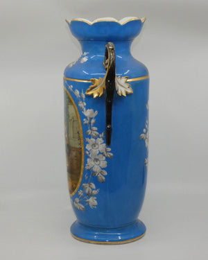 Pair of Continental European mantle vases with courting couple scenes c.1890