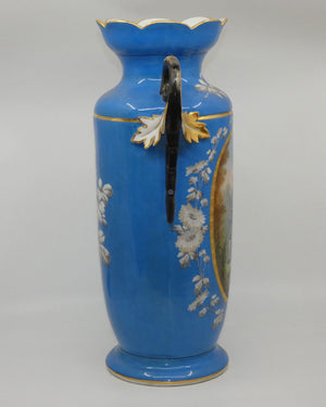 Pair of Continental European mantle vases with courting couple scenes c.1890