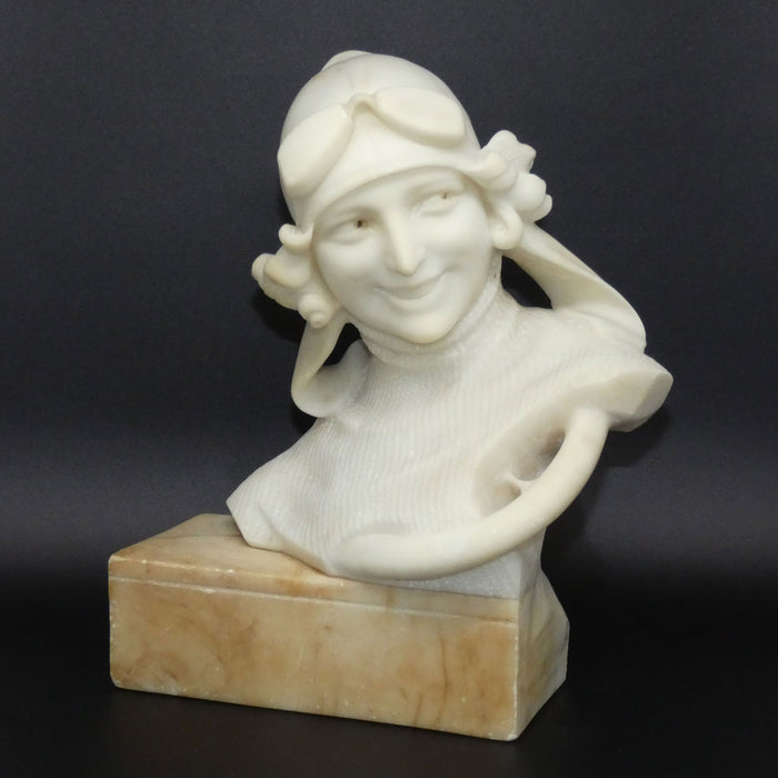 Art Deco Alabaster bust of a female race car driver signed Giusto Viti c.1920