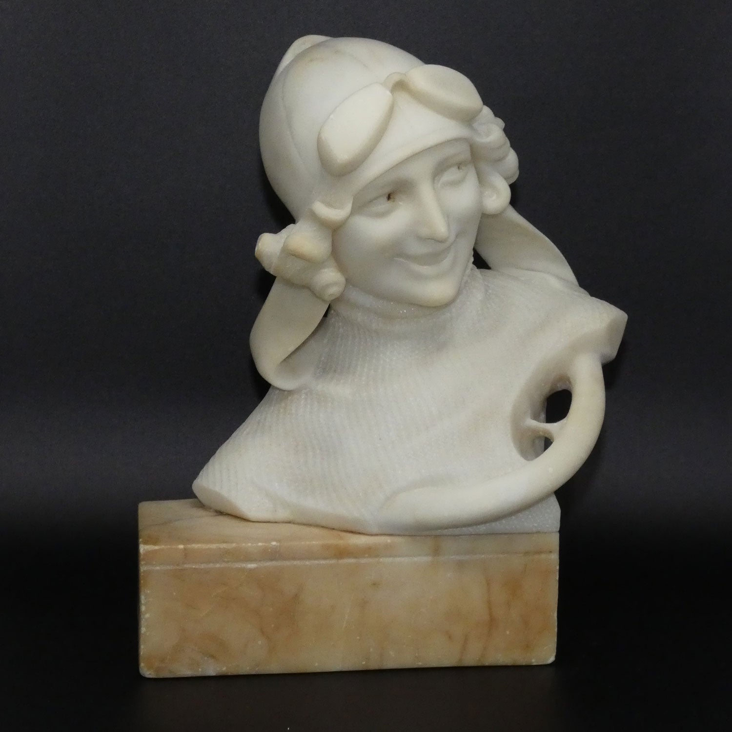 Art Deco Alabaster bust of a female race car driver signed Giusto Viti c.1920