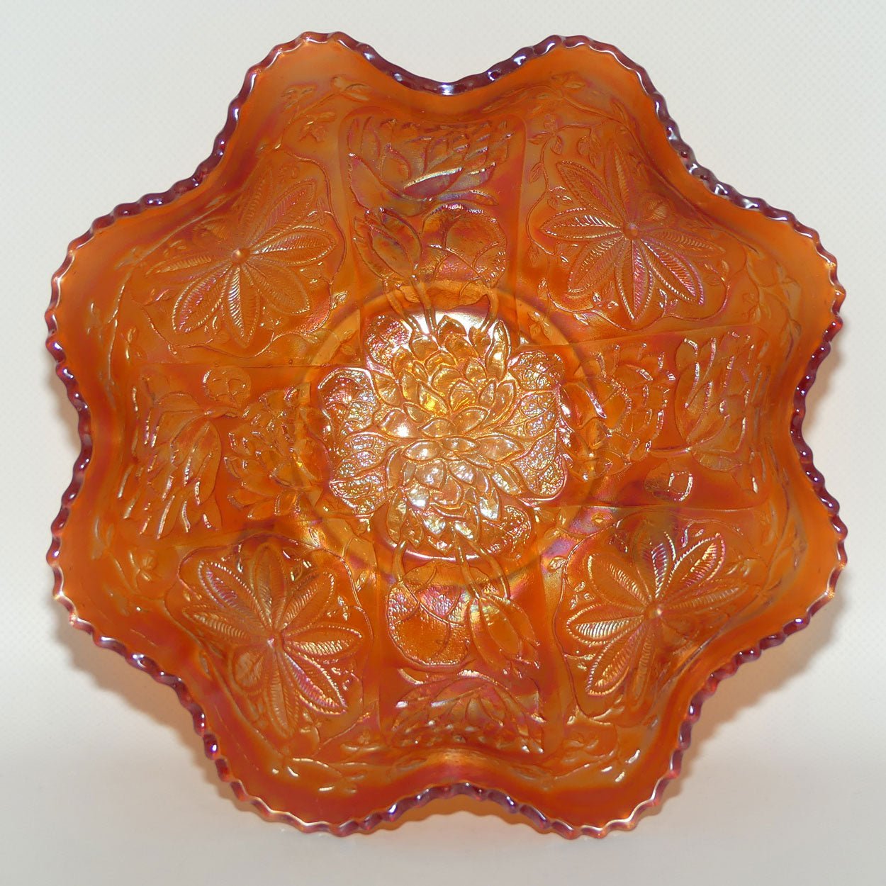 Vintage Marigold Carnival Glass bowl on 3 feet | Water Lily and Flower | 24cm diam