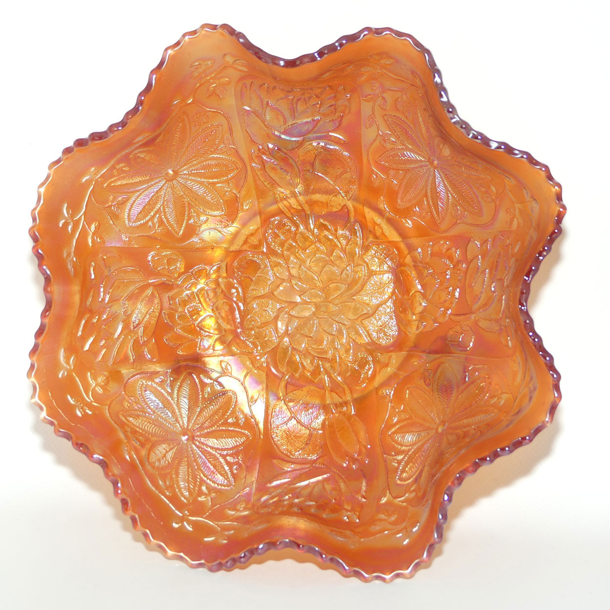 Vintage Marigold Carnival Glass bowl on 3 feet | Water Lily and Flower | 24cm diam
