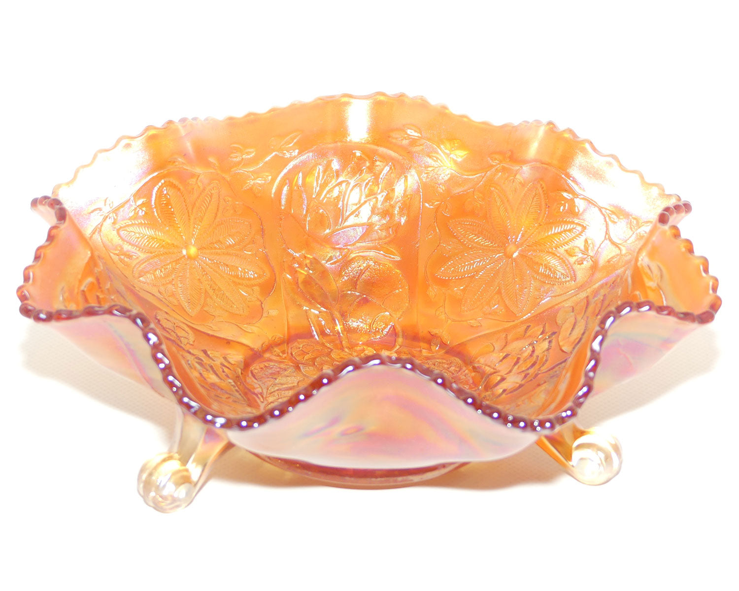 Vintage Marigold Carnival Glass bowl on 3 feet | Water Lily and Flower | 24cm diam