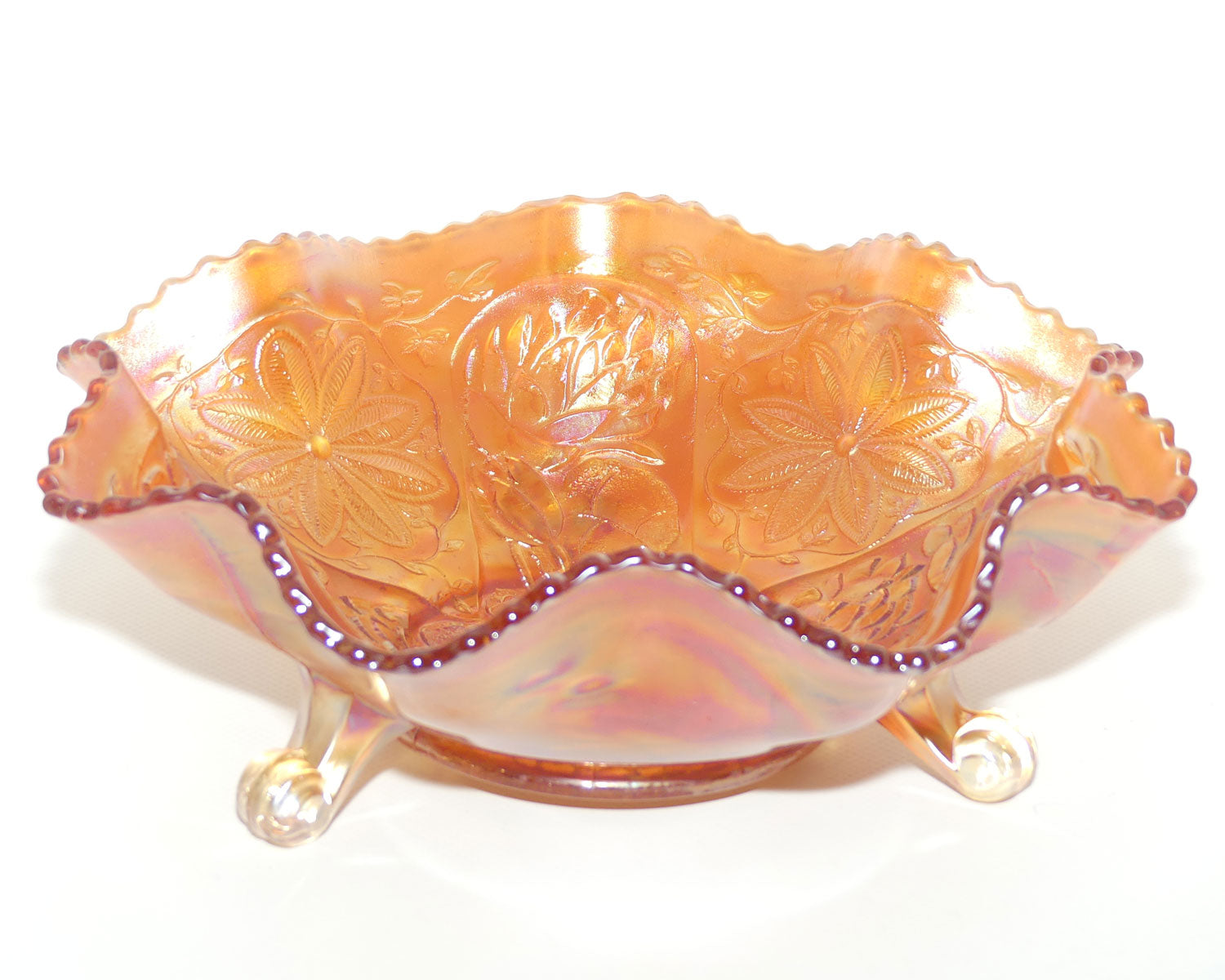 Vintage Marigold Carnival Glass bowl on 3 feet | Water Lily and Flower | 24cm diam