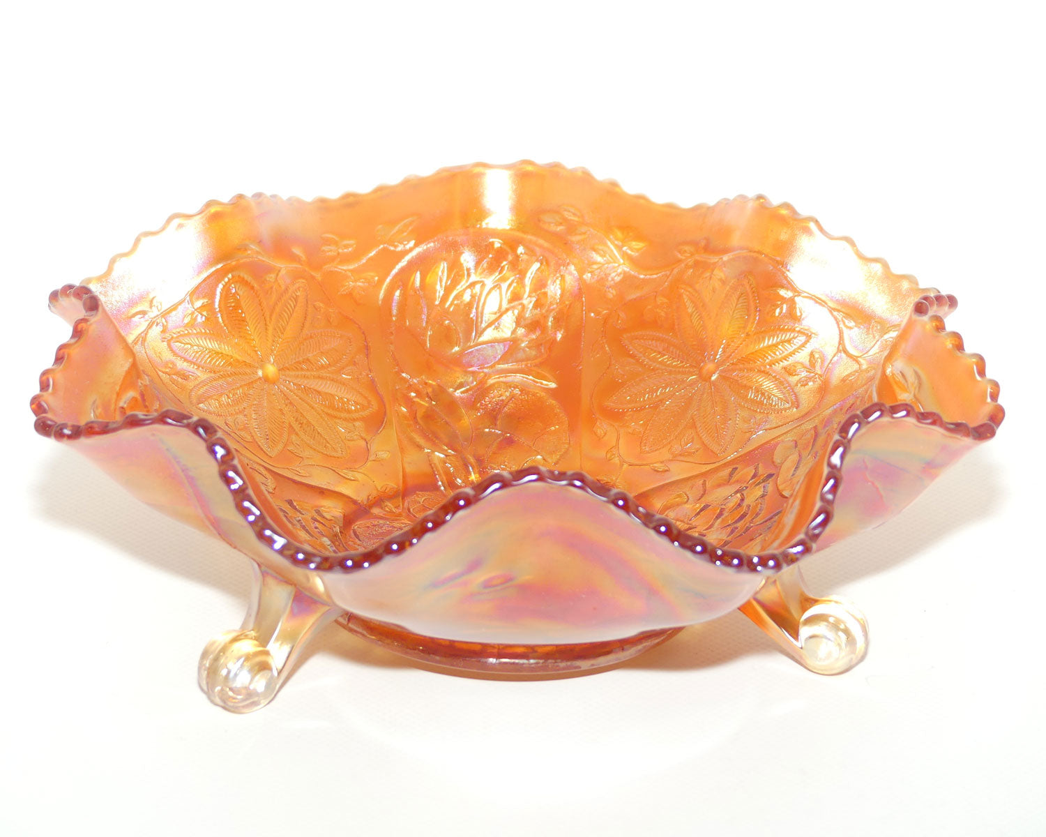 Vintage Marigold Carnival Glass bowl on 3 feet | Water Lily and Flower | 24cm diam