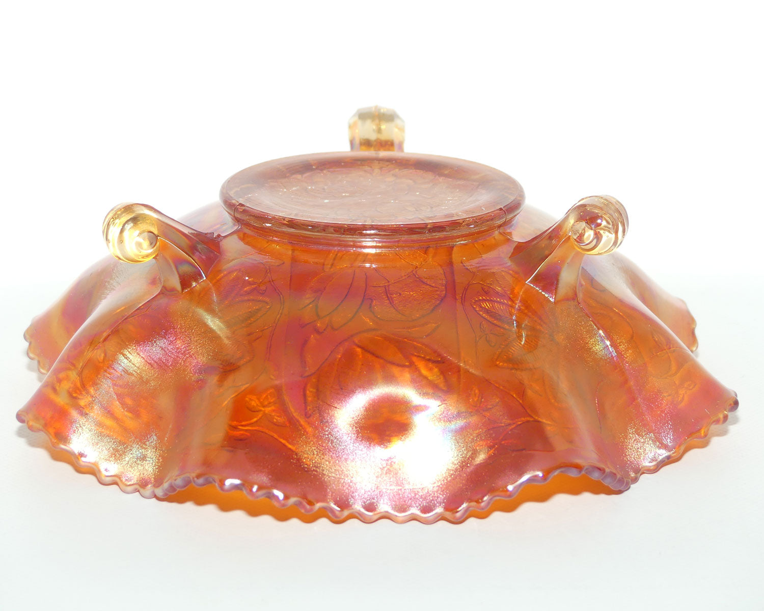 Vintage Marigold Carnival Glass bowl on 3 feet | Water Lily and Flower | 24cm diam
