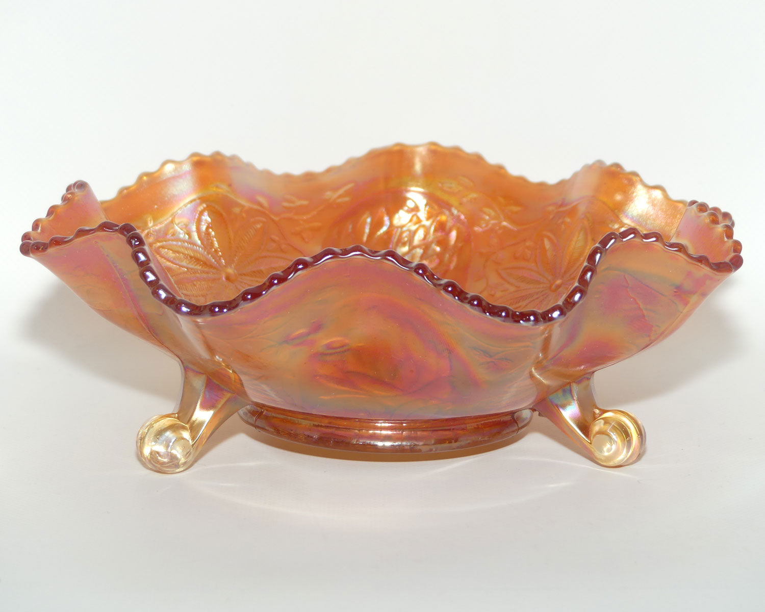 Vintage Marigold Carnival Glass bowl on 3 feet | Water Lily and Flower | 24cm diam