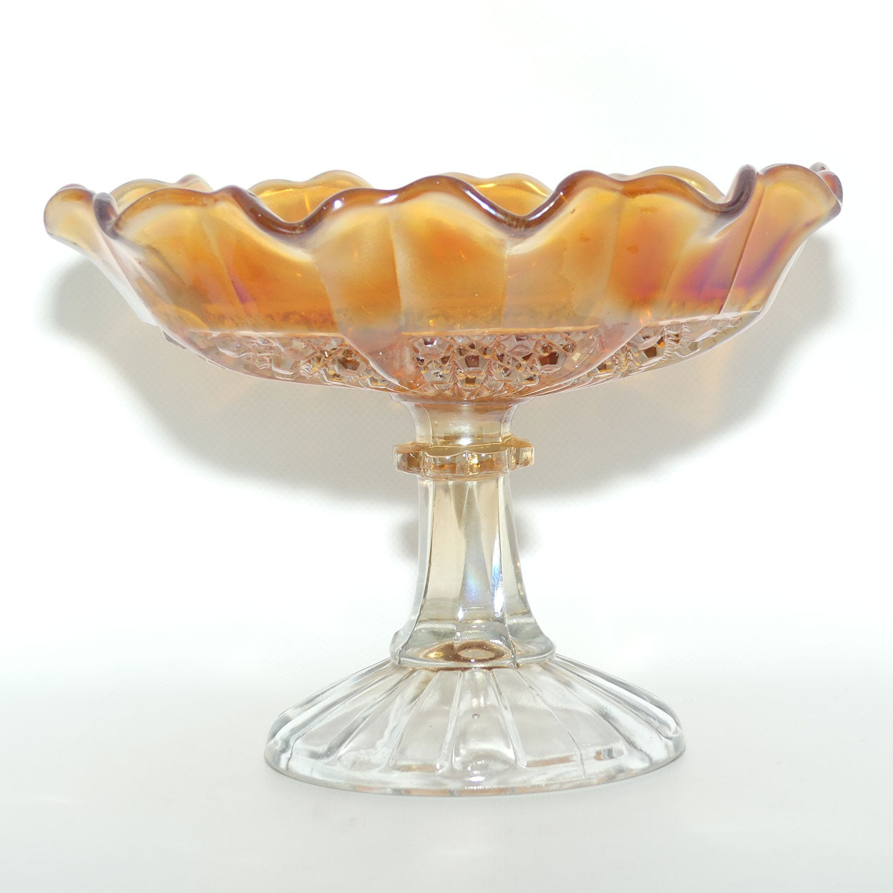 Australian Carnival Glass | Marigold cake stand or comport | Clear foot | #1