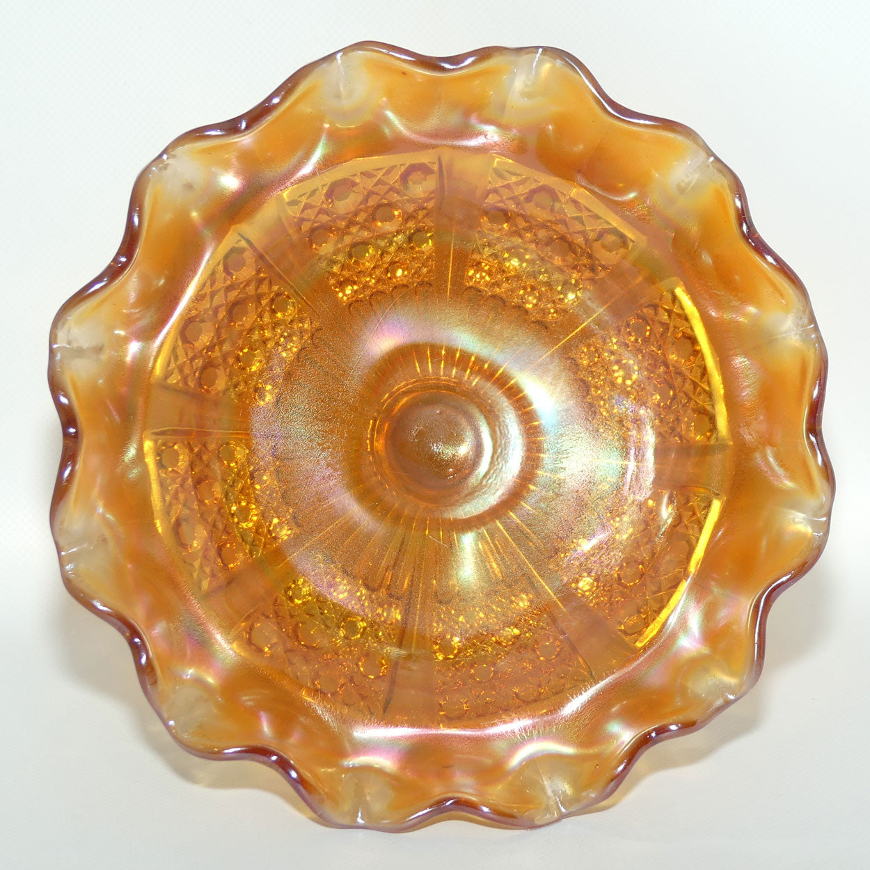 Australian Carnival Glass | Marigold cake stand or comport | Clear foot | #1
