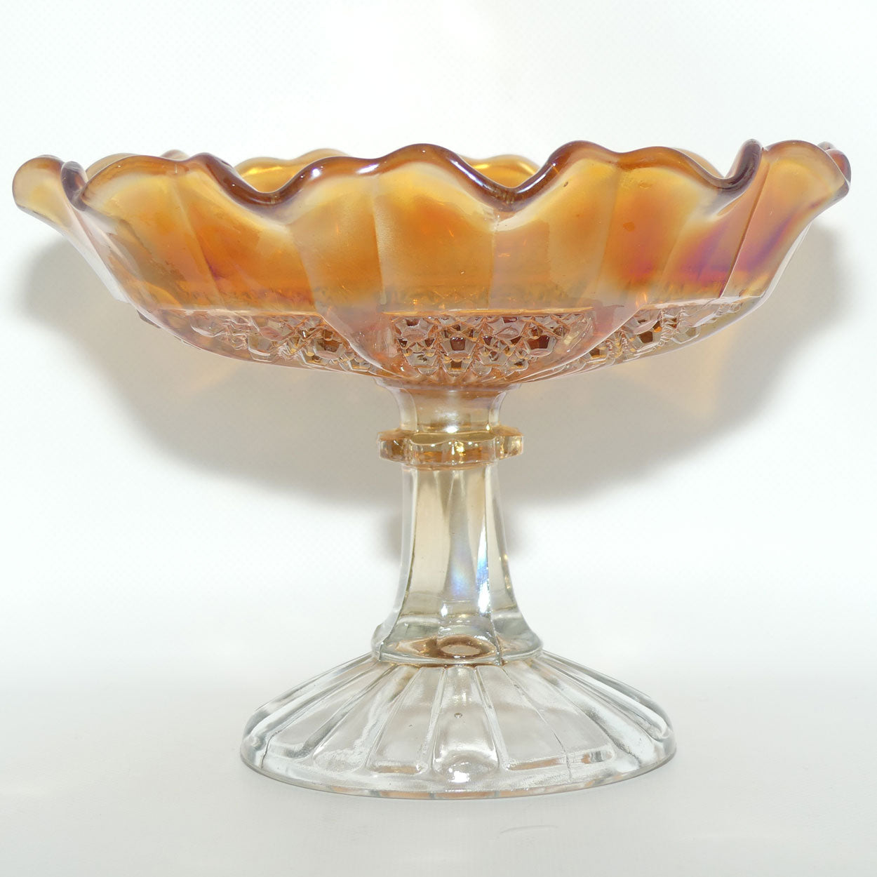 Australian Carnival Glass | Marigold cake stand or comport | Clear foot | #1