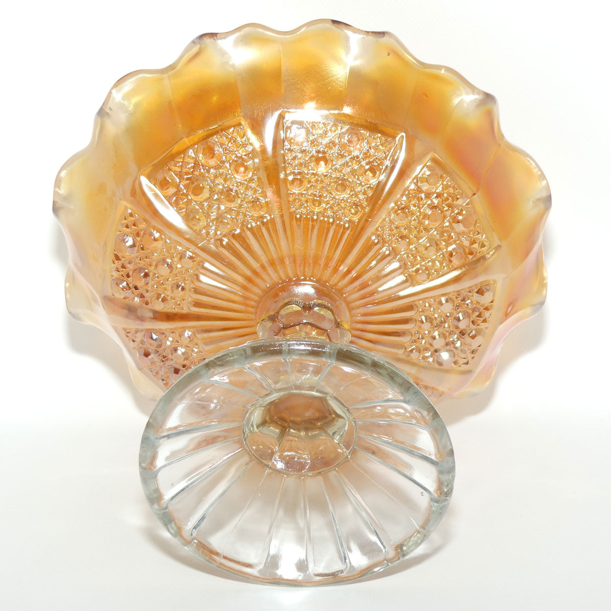 Australian Carnival Glass | Marigold cake stand or comport | Clear foot | #1