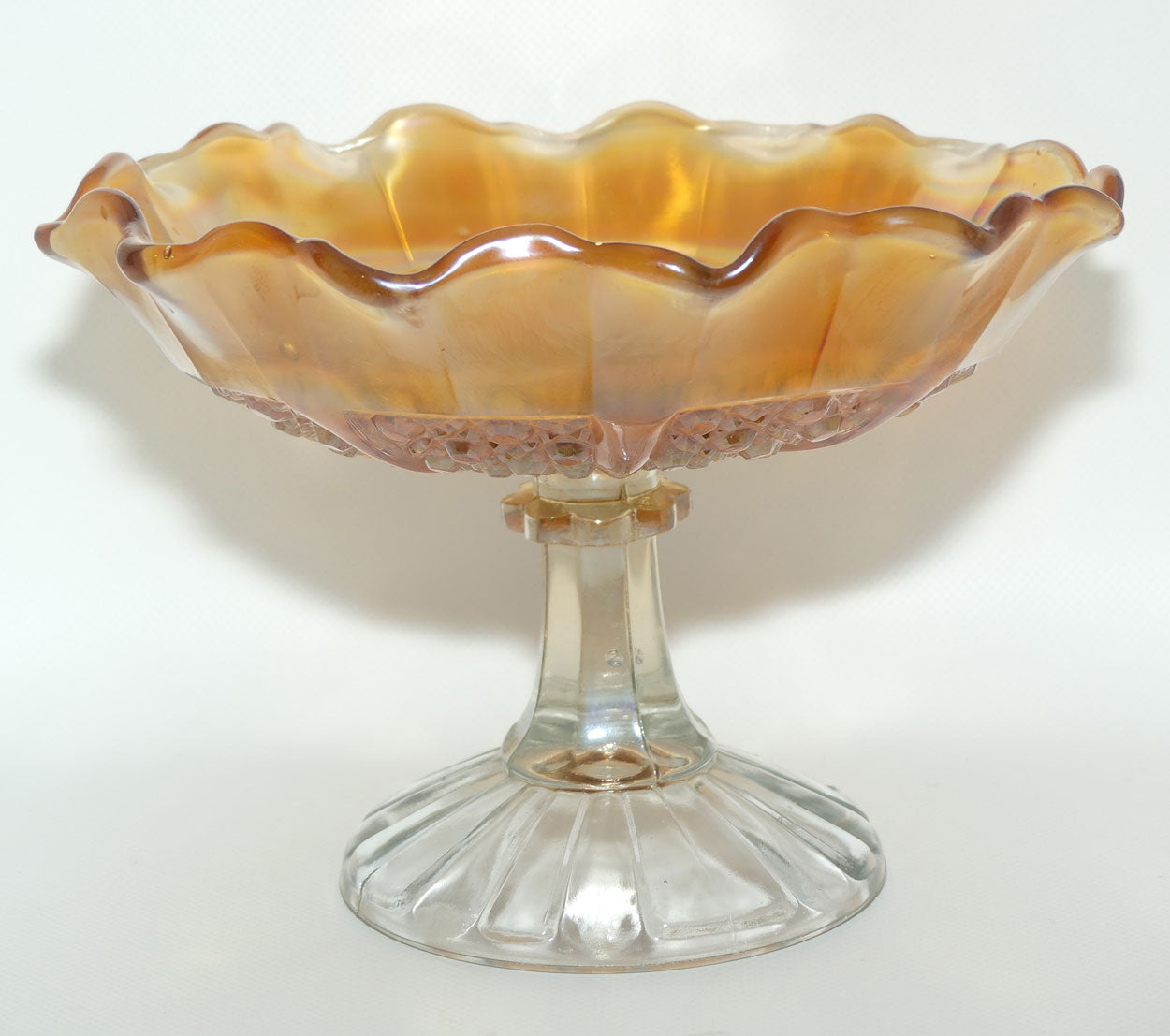 Australian Carnival Glass | Marigold cake stand or comport | Clear foot | #2