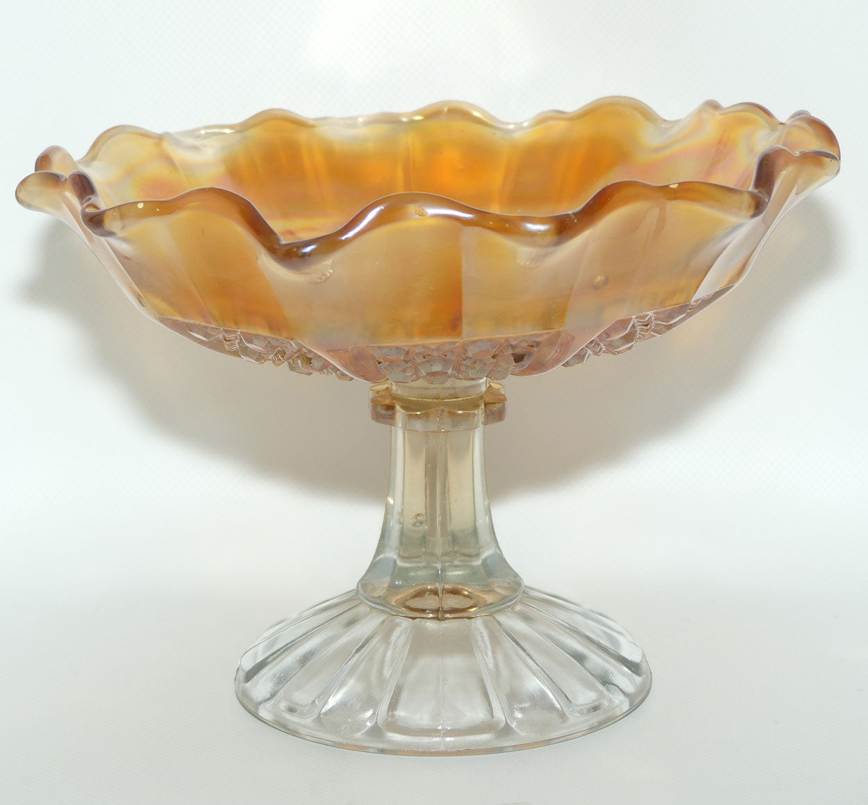 Australian Carnival Glass | Marigold cake stand or comport | Clear foot | #2