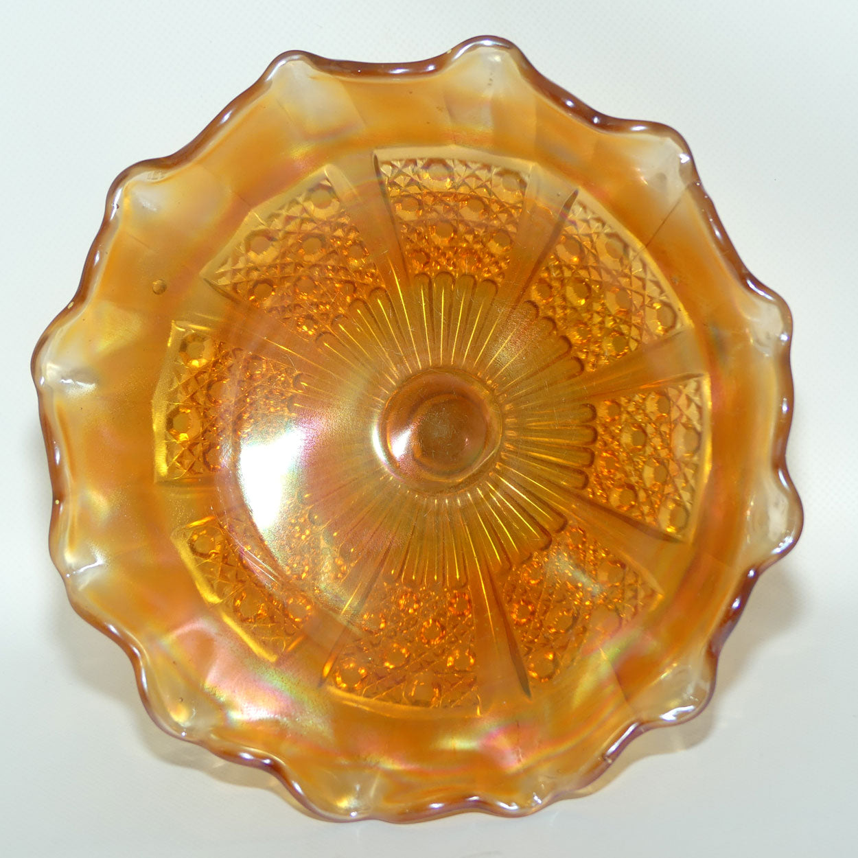 Australian Carnival Glass | Marigold cake stand or comport | Clear foot | #2