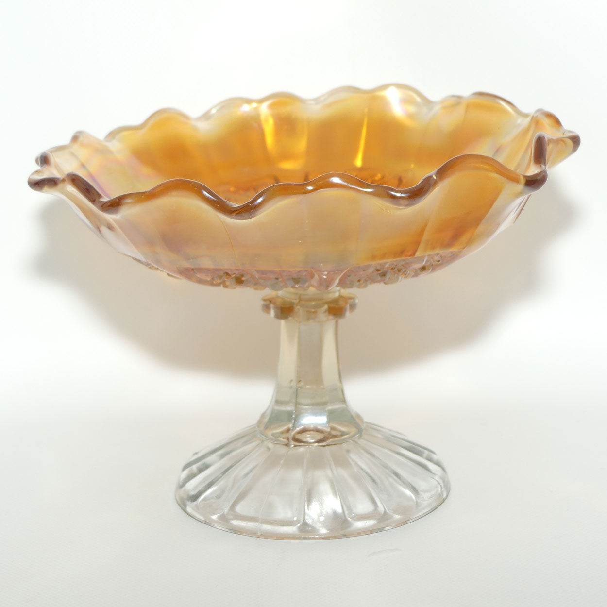 Australian Carnival Glass | Marigold cake stand or comport | Clear foot | #2