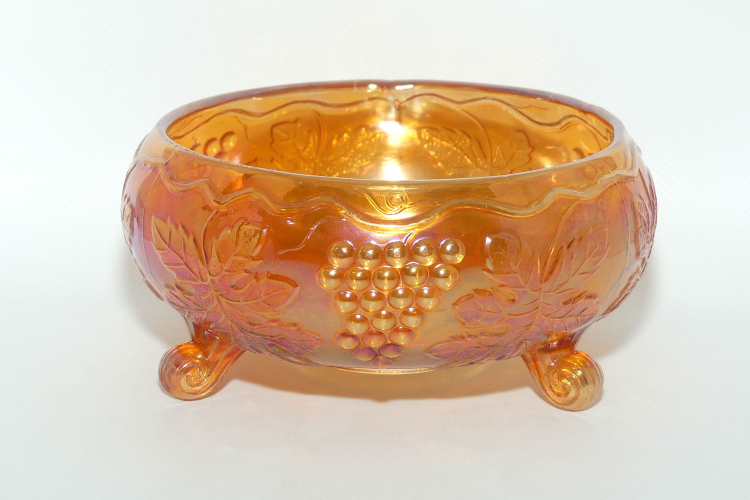 Fenton Marigold Carnival Glass rose bowl | Tri Foot | Grape and Vine pattern