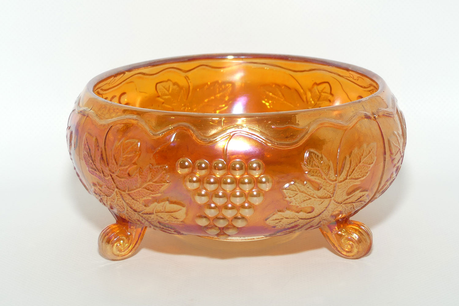 Fenton Marigold Carnival Glass rose bowl | Tri Foot | Grape and Vine pattern
